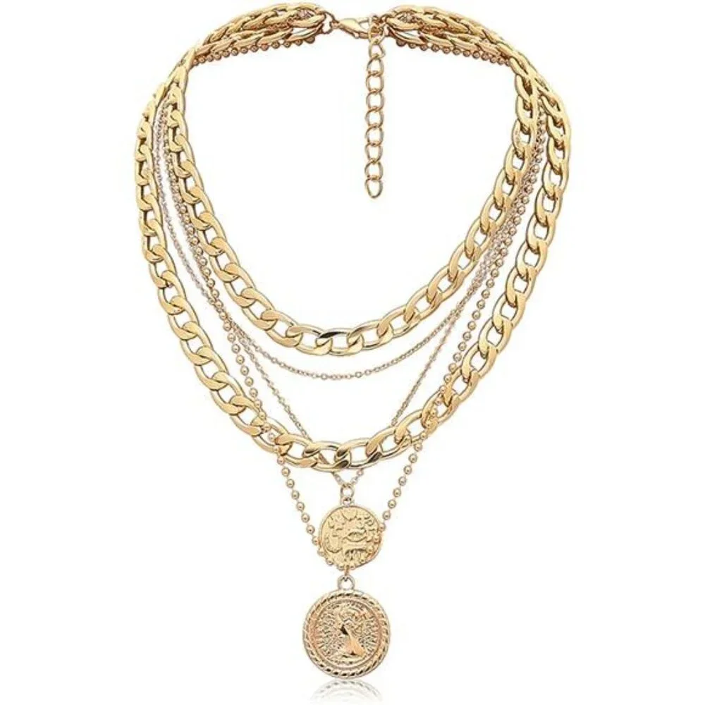 Gold Layered Necklace Set for Women – Trendy Retro Coin Pendant - Picture 1 of 7